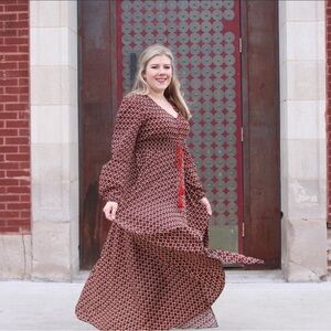 Geometric Print Red Long Sleeve Maxi Dress